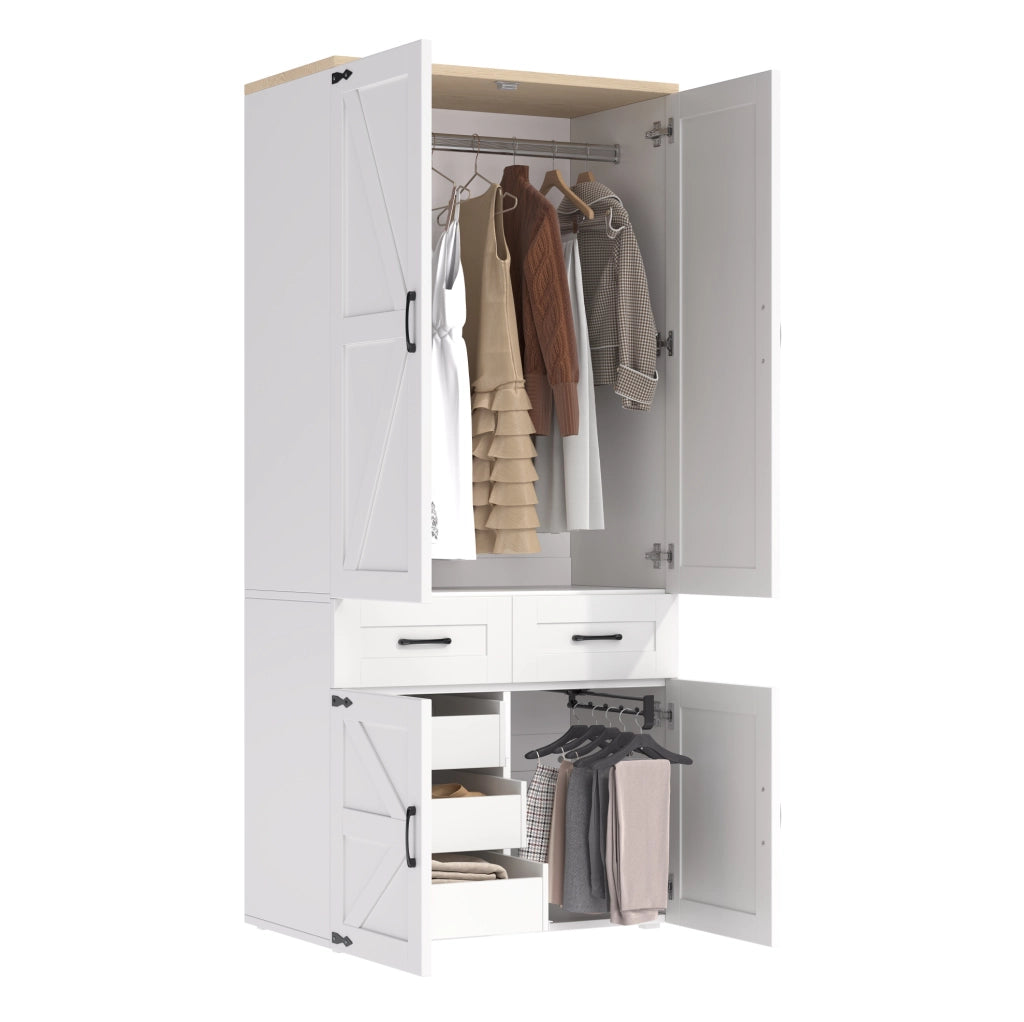 Armadio guardaroba 4 ante con 5 cassetti e 2 appendiabiti; 90x50x200 cm; MDF bianco