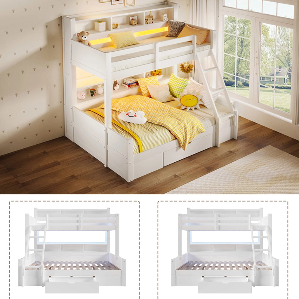 Letto a castello bambini 90x200 + 140x200 cm in pino bianco con LED