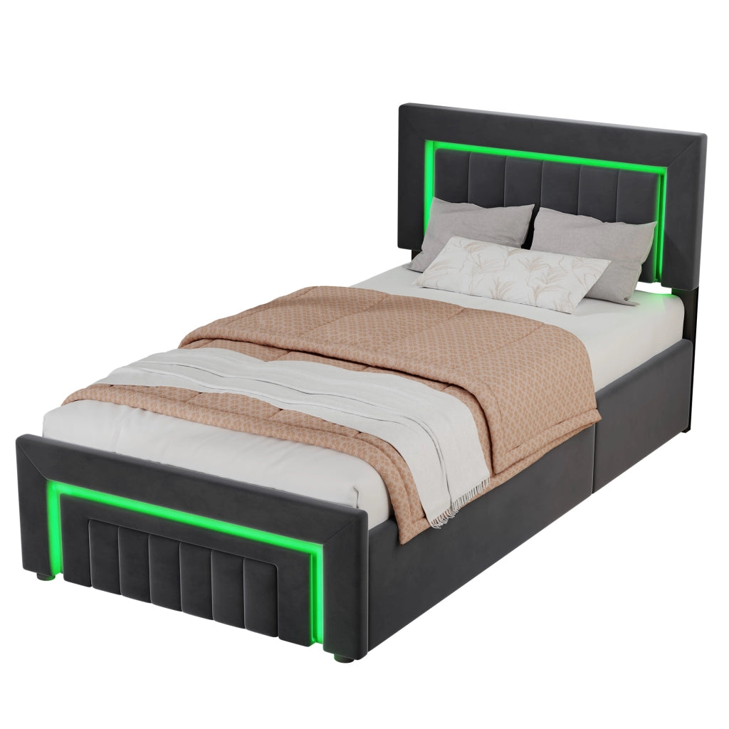 Letto imbottito grigio 90x200 cm con contenitore idraulico, LED e cassetto