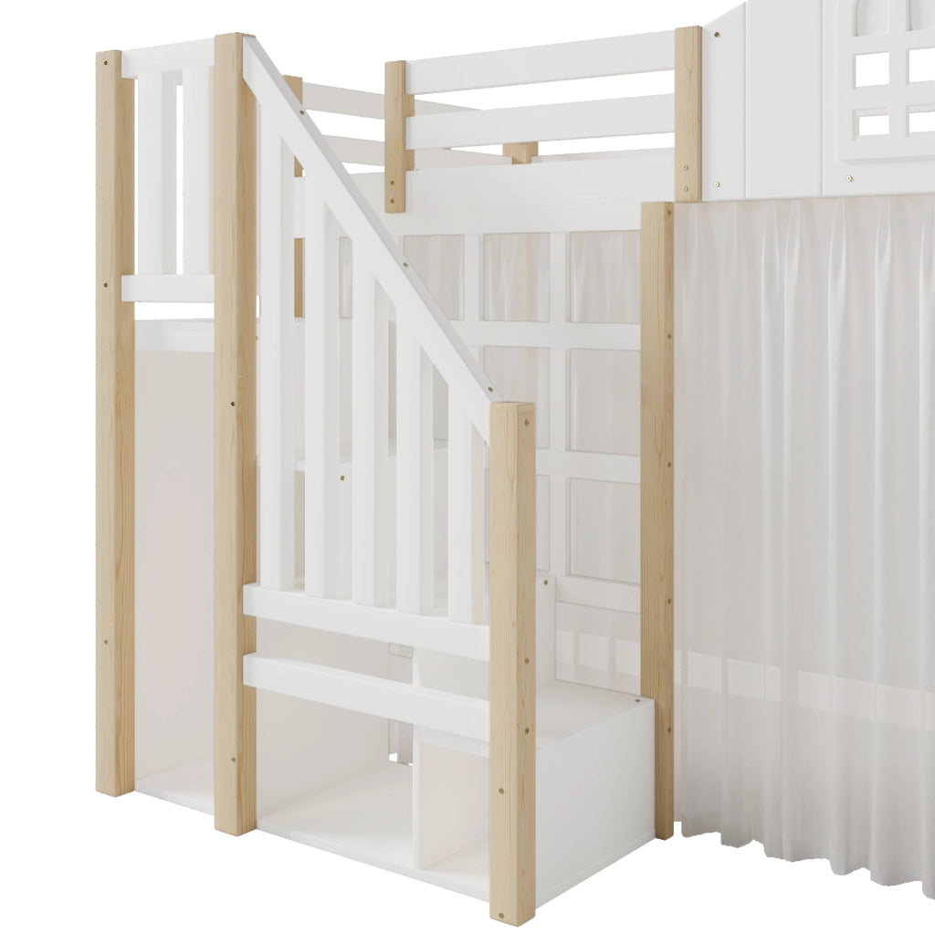 Letto a soppalco in pino e MDF 90x200 cm con illuminazione LED, scaletta con ripiani, tenda in voile bianca, design finestra, bianco e naturale