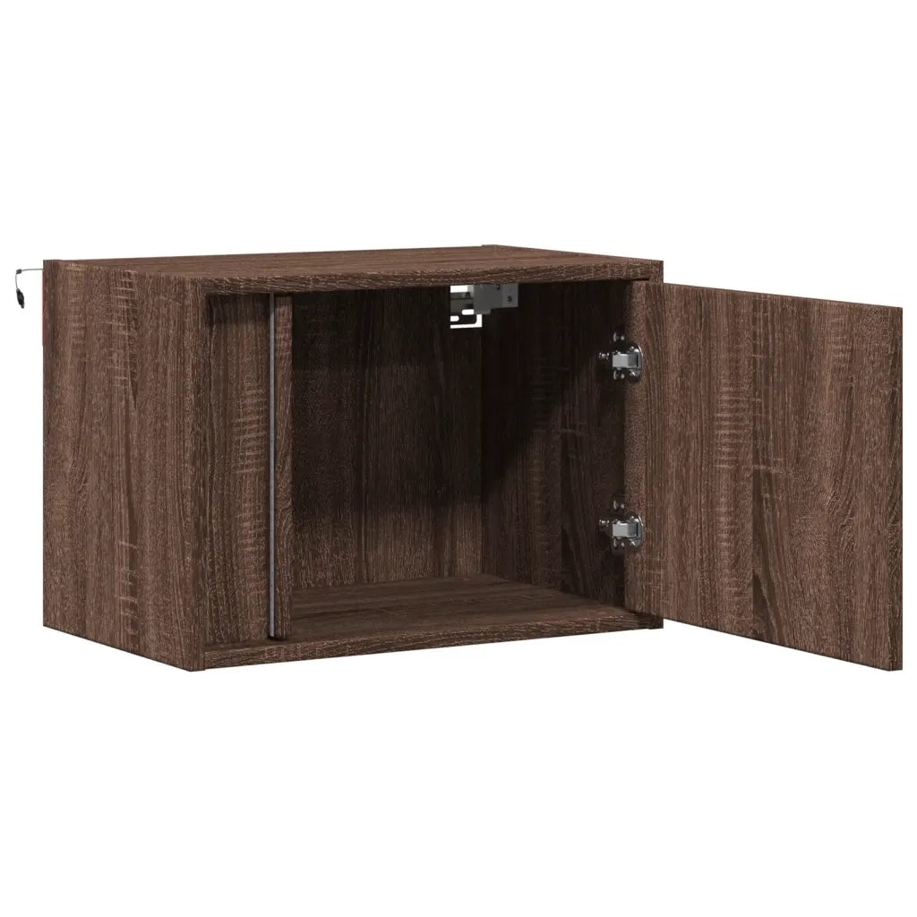Comodino | Armadio da Notte | Mobiletto da notte a Parete con luci LED Rovere Marrone