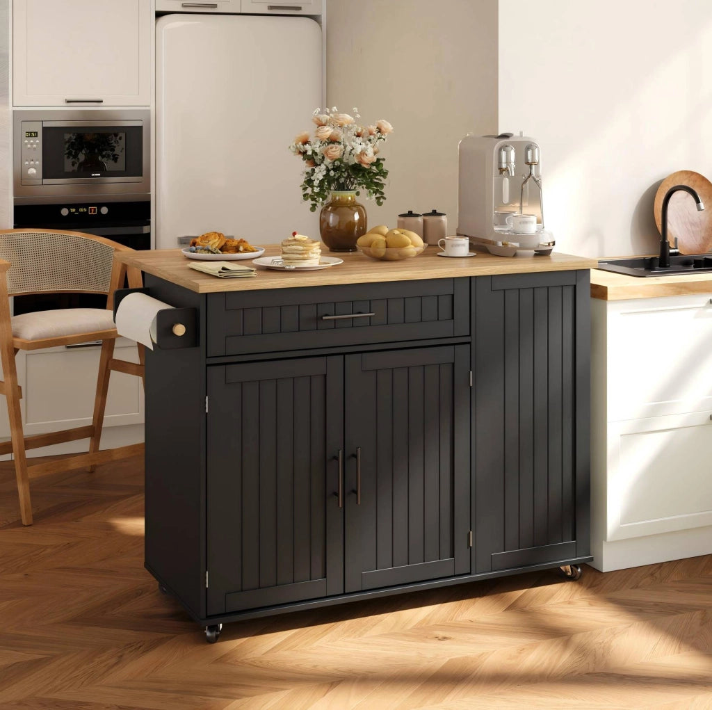 Isola da cucina mobile 130x70x93 cm con piano ribaltabile in MDF nero