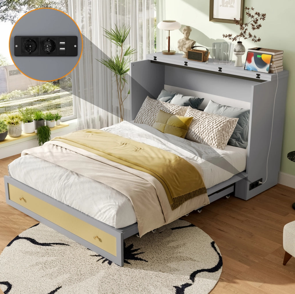 Letto trasformabile 140x200 cm con cassetti; scaffale; USB e presa di corrente; grigio