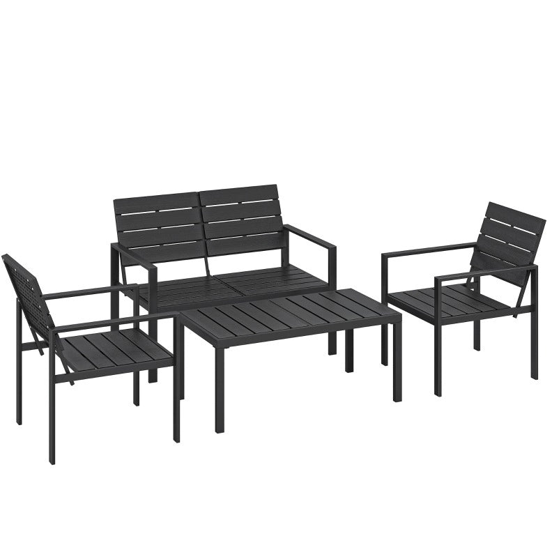 Set da giardino per 4 persone con divano 2 posti, 2 poltrone e tavolino in HDPE nero