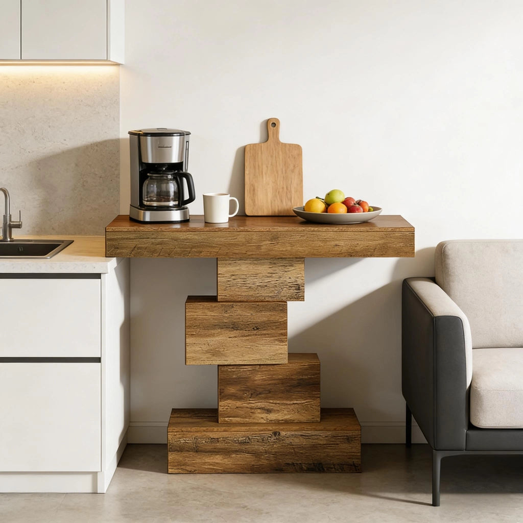 Consolle con base geometrica a gradini per ingresso, in pannelli truciolari E1 marrone chiaro, 108 × 30 × 80 cm