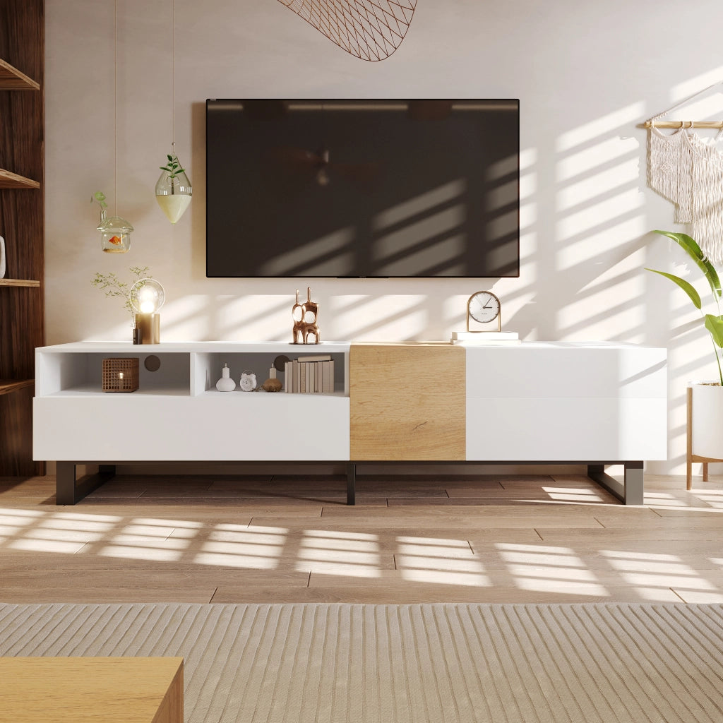 Mobile TV con 2 ante, 2 cassetti e 2 vani aperti, piedini in metallo, per soggiorno, MDF bianco e legno, 180 × 38 × 50 cm