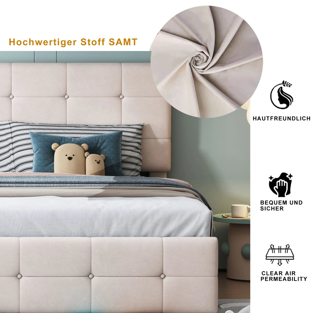 Letto contenitore 180 × 200 cm con apertura idraulica divisibile in due letti rivestito in velluto beige
