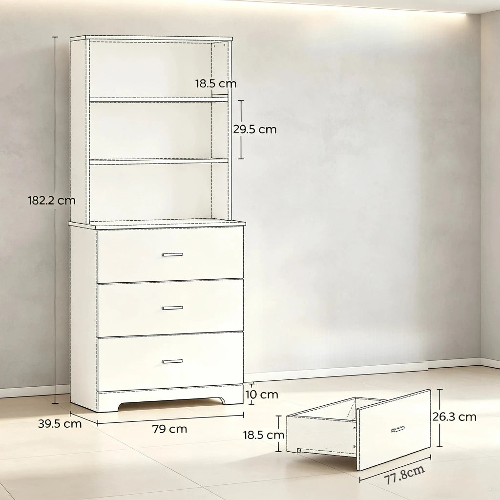 Libreria moderna a 6 ripiani con armadio, 3 cassetti e 3 scaffali aperti per libri e decorazioni