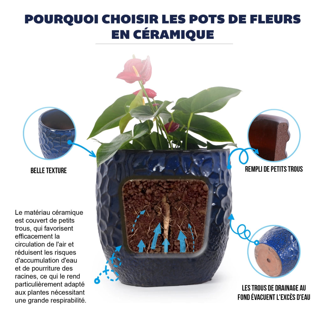 Vaso in ceramica artigianale Ø38 cm blu profondo lucido con rilievo martellato, traspirante e resistente al gelo con foro di drenaggio per piante da interno ed esterno
