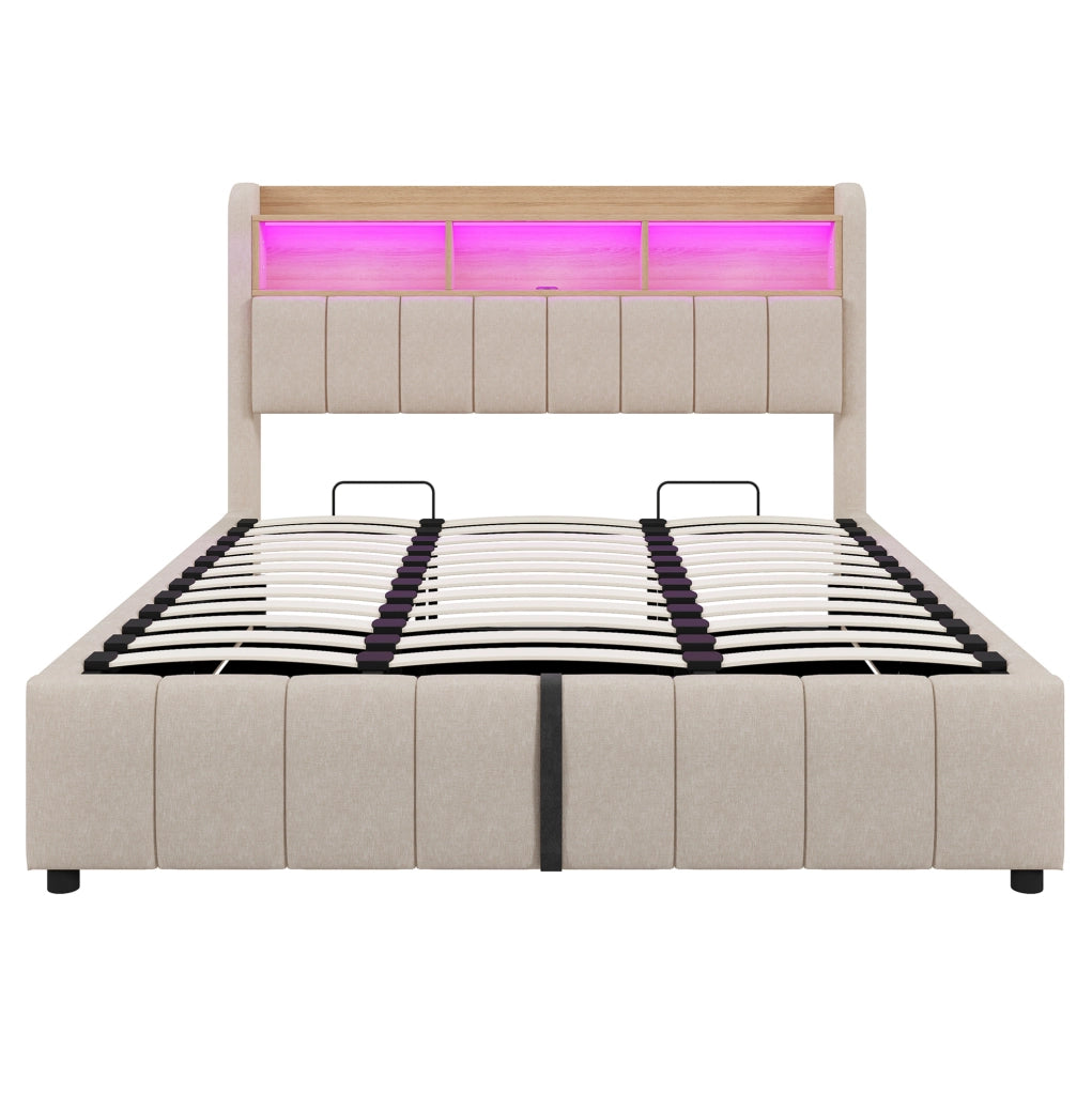 Letto imbottito 180x200 cm con LED e contenitore; lino; beige