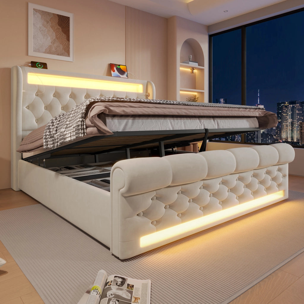 Letto contenitore 160 × 200 cm idraulico con LED USB e Type-C in velluto beige