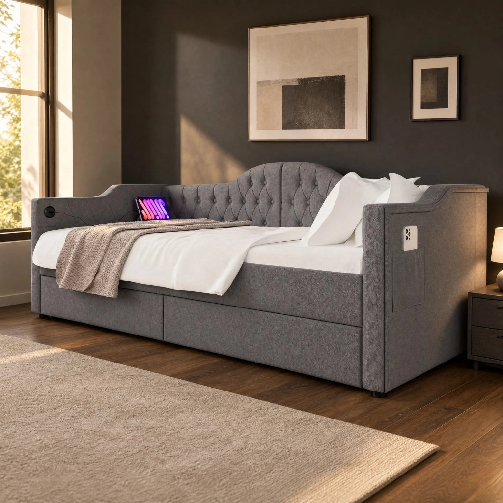 Letto imbottito grigio 90x200 cm con USB Type-C e 2 cassetti