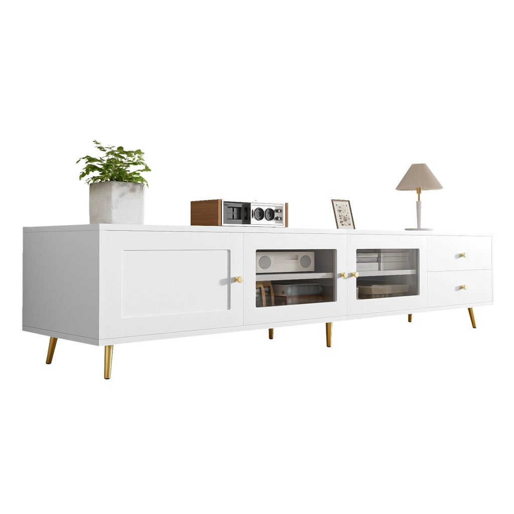 TV-LOWBOARD 170x40x28 cm Bianco in truciolare con 2 cassetti e 2 ante in vetro