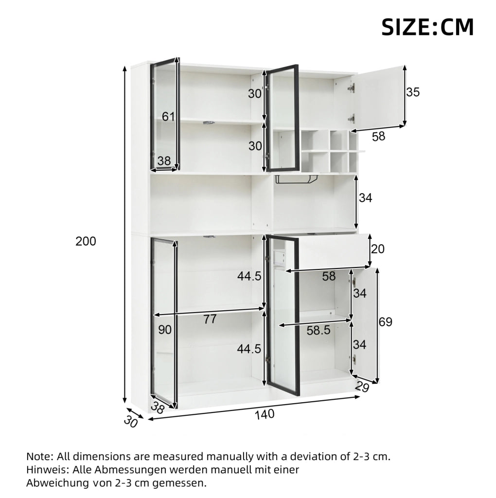 Vetrina bianca in truciolato 140x30x200 cm con 7 porte, 1 cassetto, LED Bluetooth, portabicchieri e 6 portabottiglie