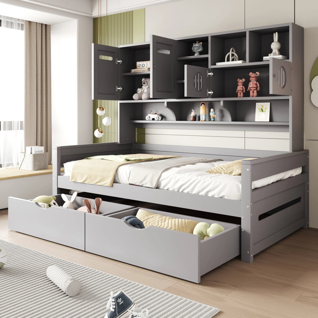 Letto con cassetti 90 × 200 cm con vano multifunzione e rete a 15 doghe in legno di pino grigio