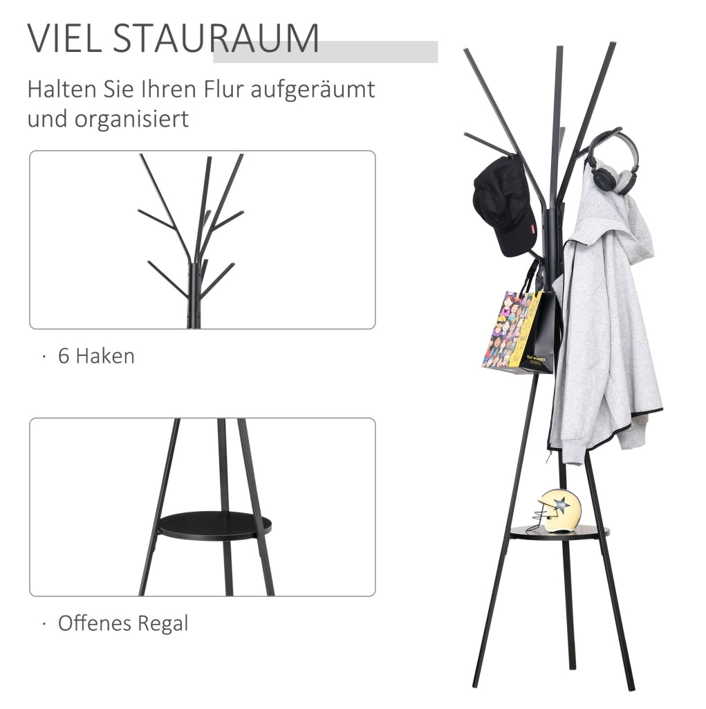 Standgarderobe Kleiderständer 180 cm Schwarz Metall mit 3 Stangen und 8 Haken für Flur