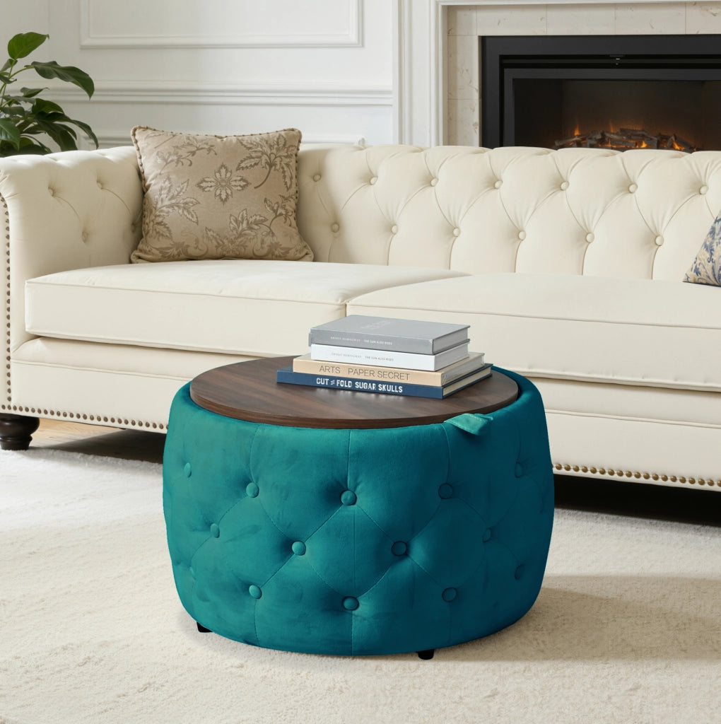 Set di 2 Pouf Nesting in Velluto Blu con Portaoggetti e Vassoio in Legno, Design Salvaspazio 4-in-1, Ø 58 cm