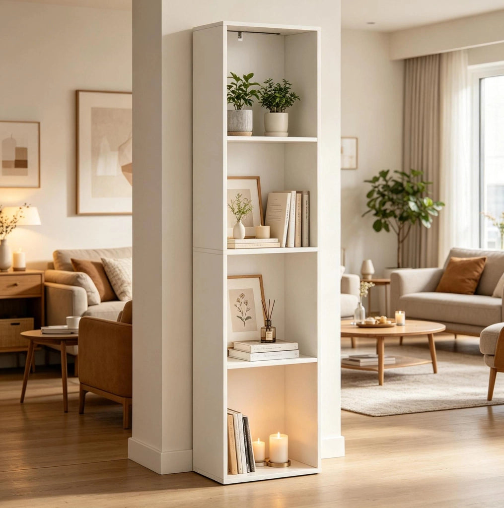 Libreria verticale bianca a 4 ripiani con illuminazione RGB