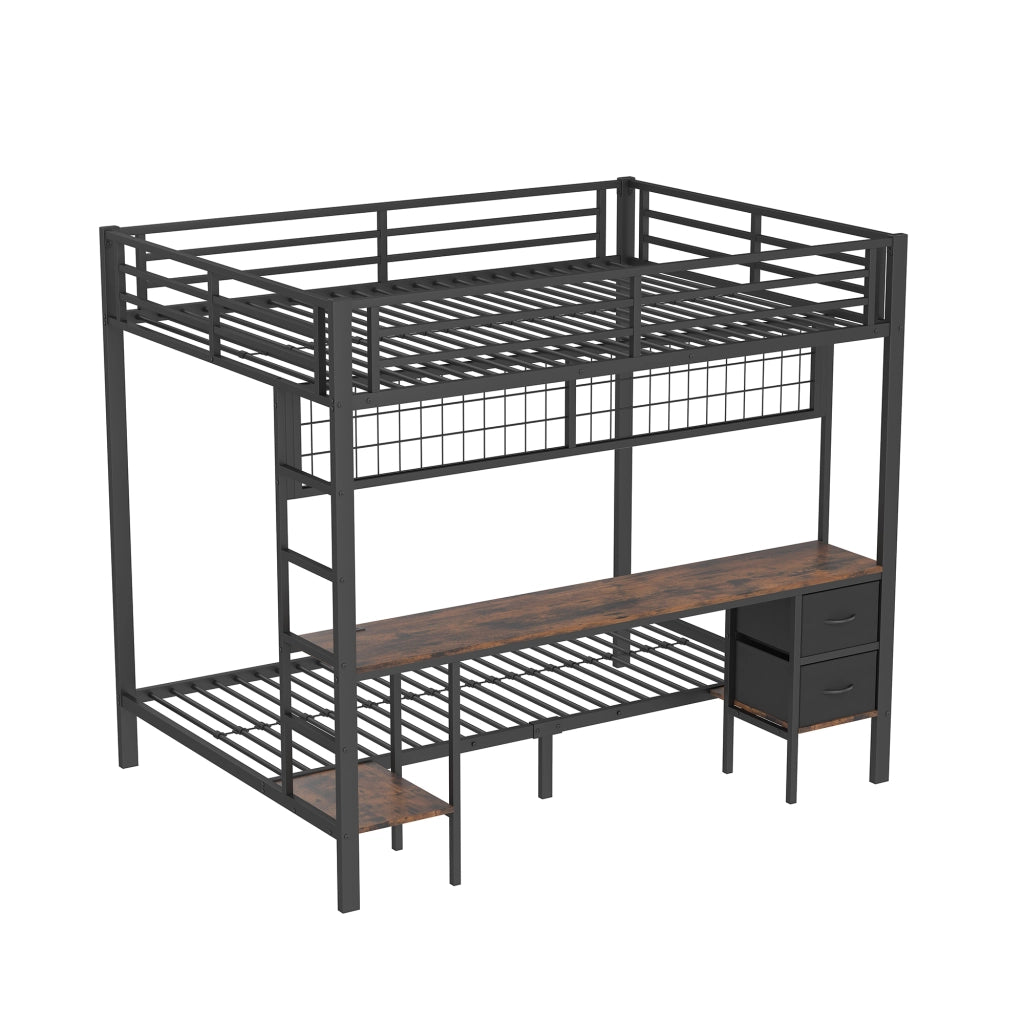Letto a soppalco 140x200 cm con scrivania, cassetti, ripiani e LED USB, struttura in metallo nero