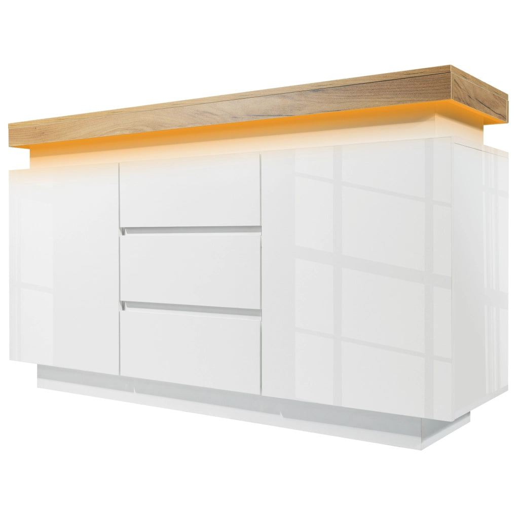 Sideboard bianco lucido con 2 ante, 3 cassetti e illuminazione LED controllabile via app, 81x140x39 cm