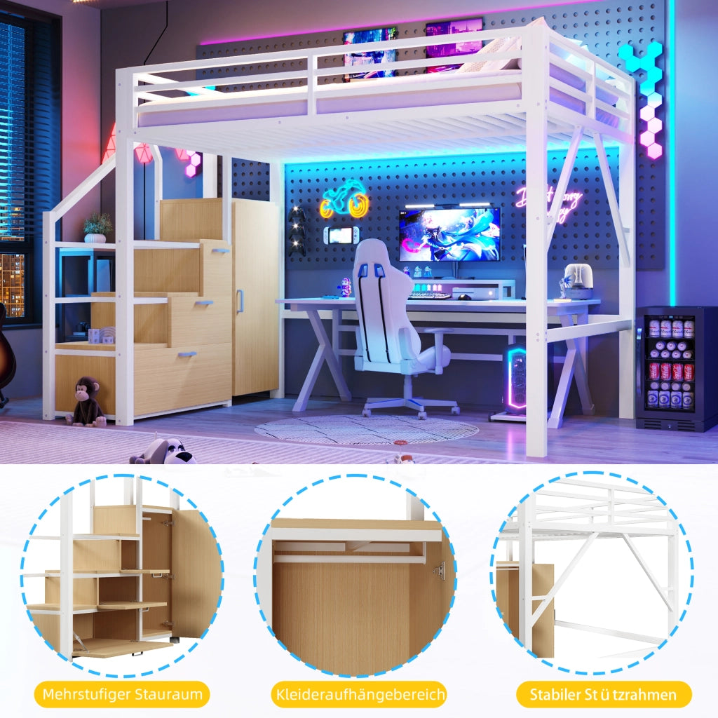 Letto a soppalco 140 × 200 cm in metallo e MDF bianco con armadio ripiani scala contenitore e luci LED