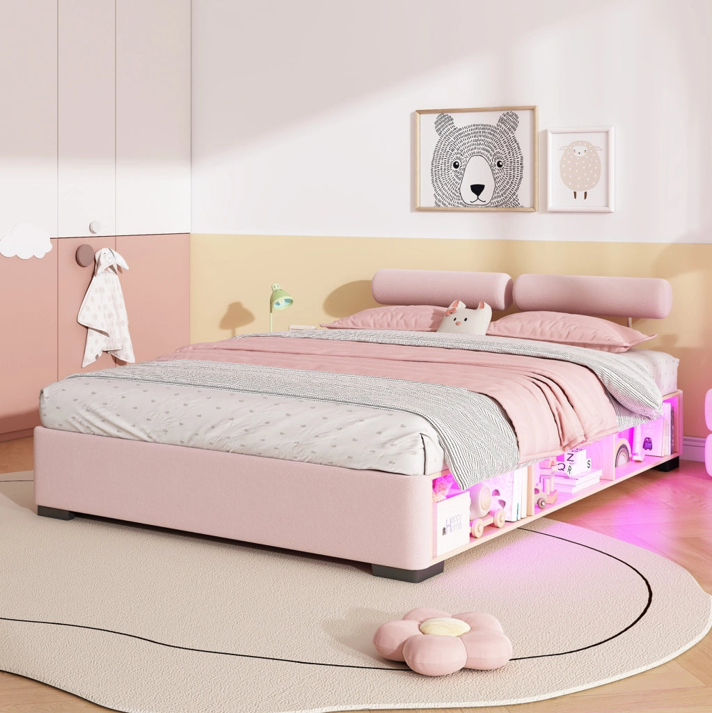 Letto imbottito rosa 140x200 cm per bambini con LED e ripiano laterale