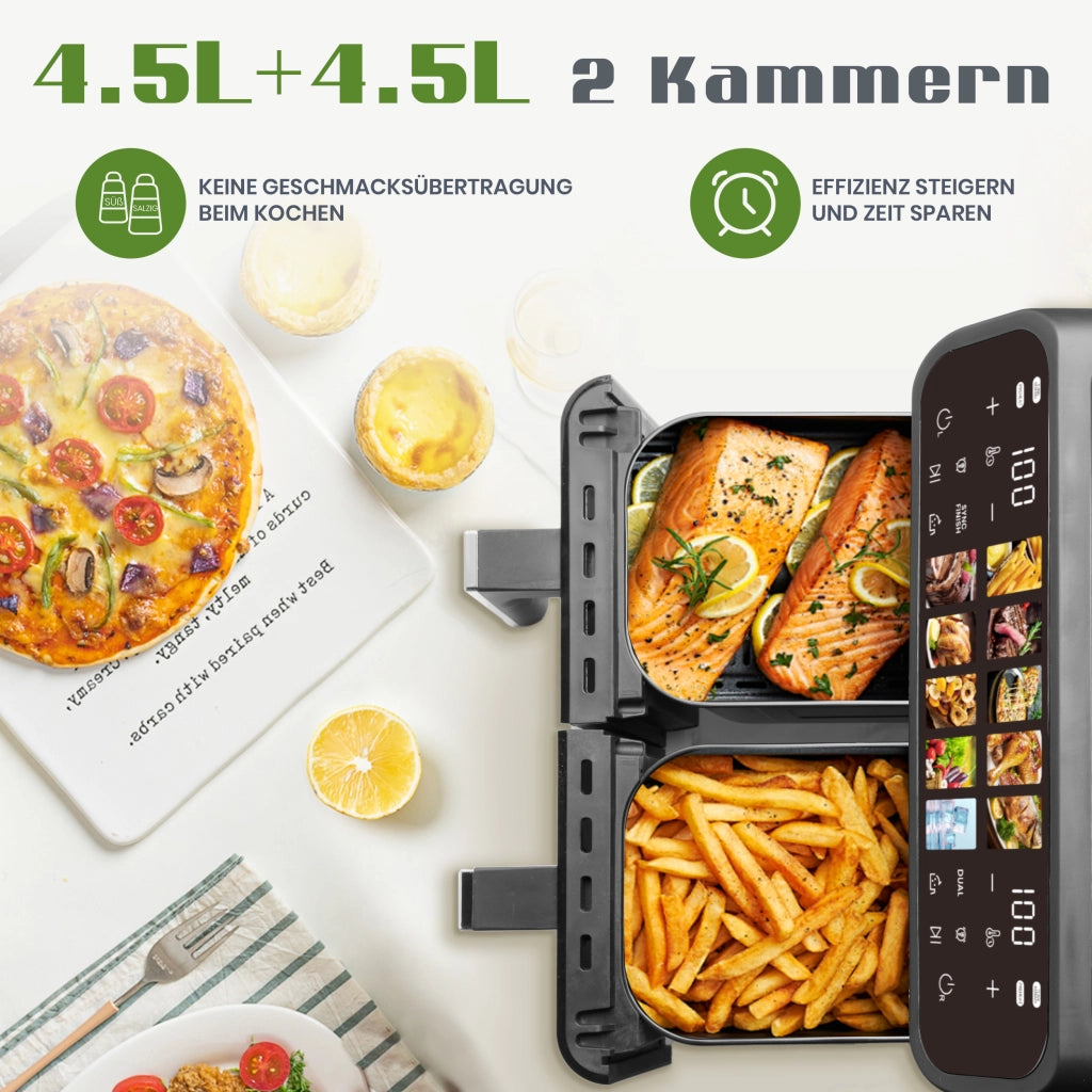 Friggitrice ad aria a doppio cestello 9 l 2000 W con display LED touch temperatura 80–200 °C e timer 60 min nera