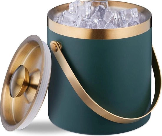 Igloo a doppio strato con coperchio e catenella - Grande 15 litri - Metallo - Verde e Oro