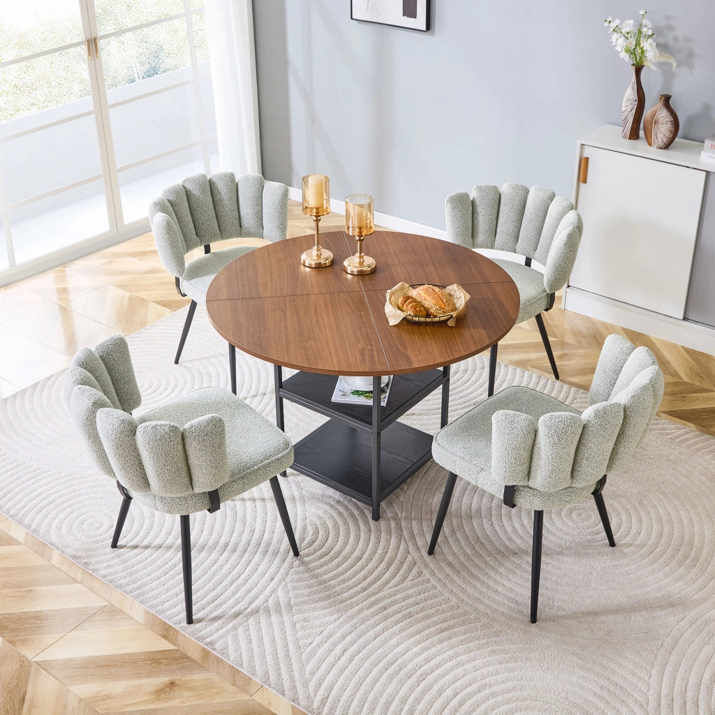 Tavolo da pranzo rotondo con doppio ripiano e 4 sedie in bouclé per sala da pranzo 107 cm noce e beige