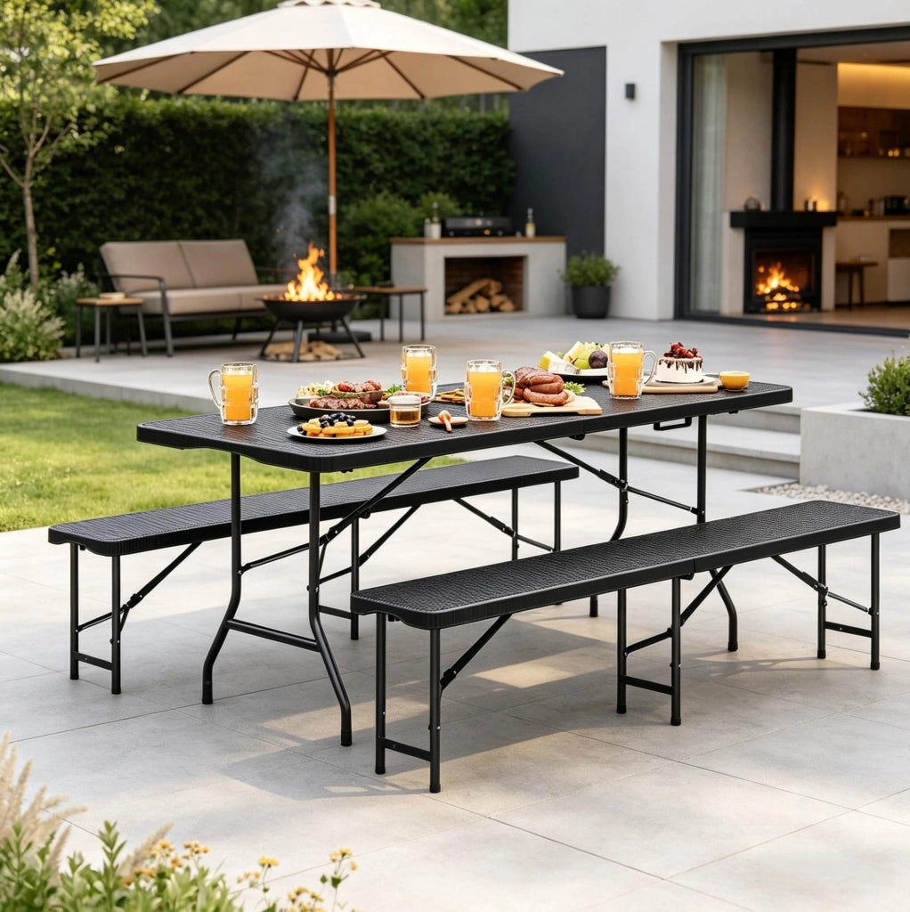Set Mobili da Giardino Pieghevole 8-10 Persone con Tavolo 180x74x70 cm e 2 Panche, Nero, in HDPE e Metallo