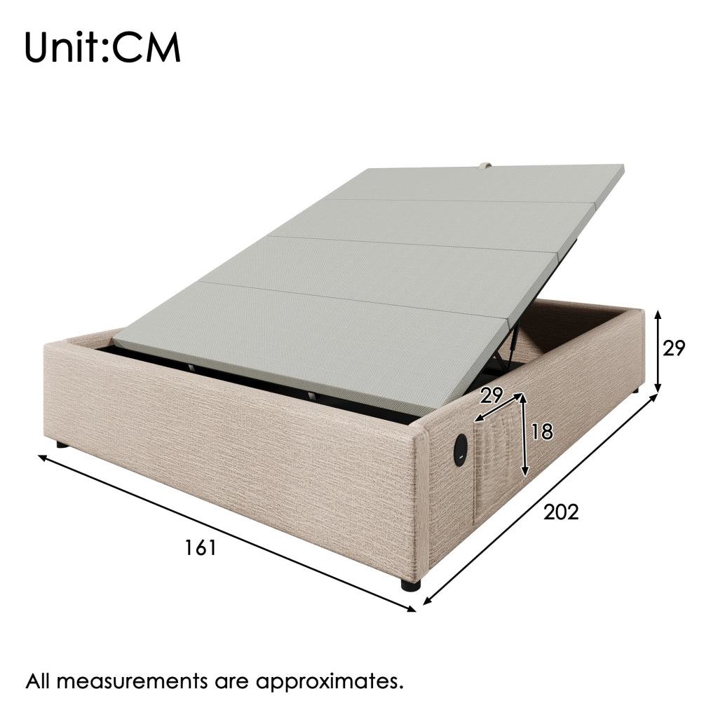 Letto matrimoniale contenitore 160x200 cm senza testiera in lino beige e naturale con USB-C HOMVRA
