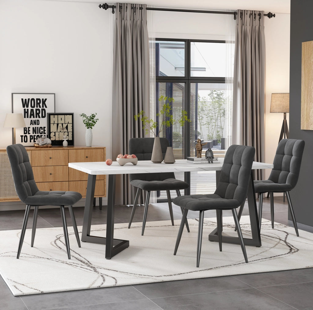 Set tavolo da pranzo rettangolare 117x68x75 cm con 4 sedie in velluto grigio e gambe nere