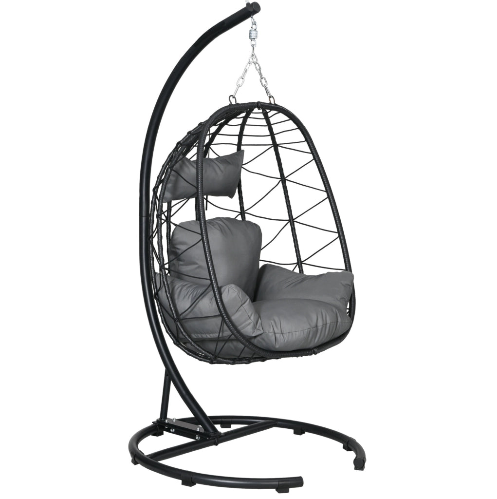 Poltrona sospesa in rattan con supporto e cuscini, nera