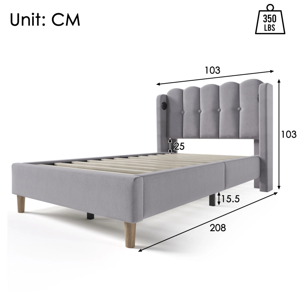 Letto singolo imbottito grigio con ricarica USB e Tipo-C 90x200 cm