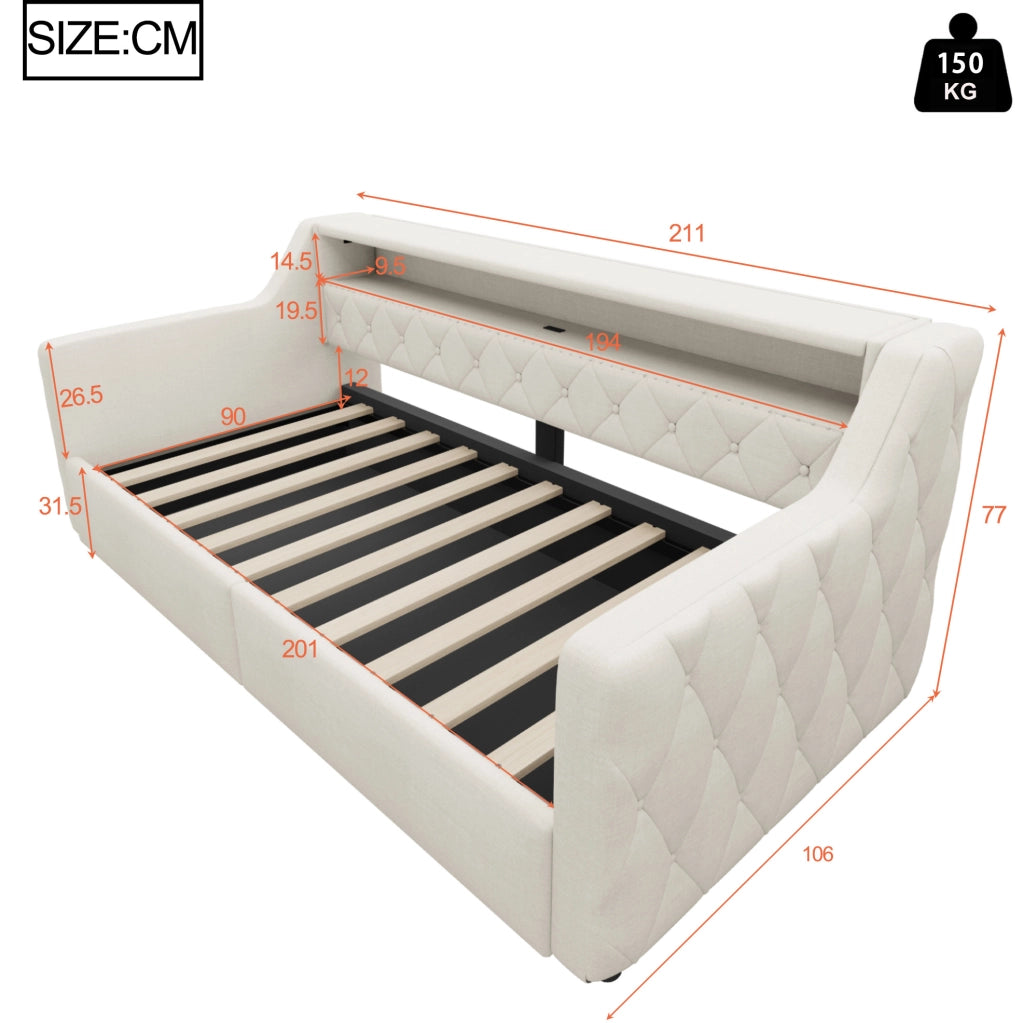 Daybed 90x200 cm beige con LED, vano idraulico e prese USB/USB-C