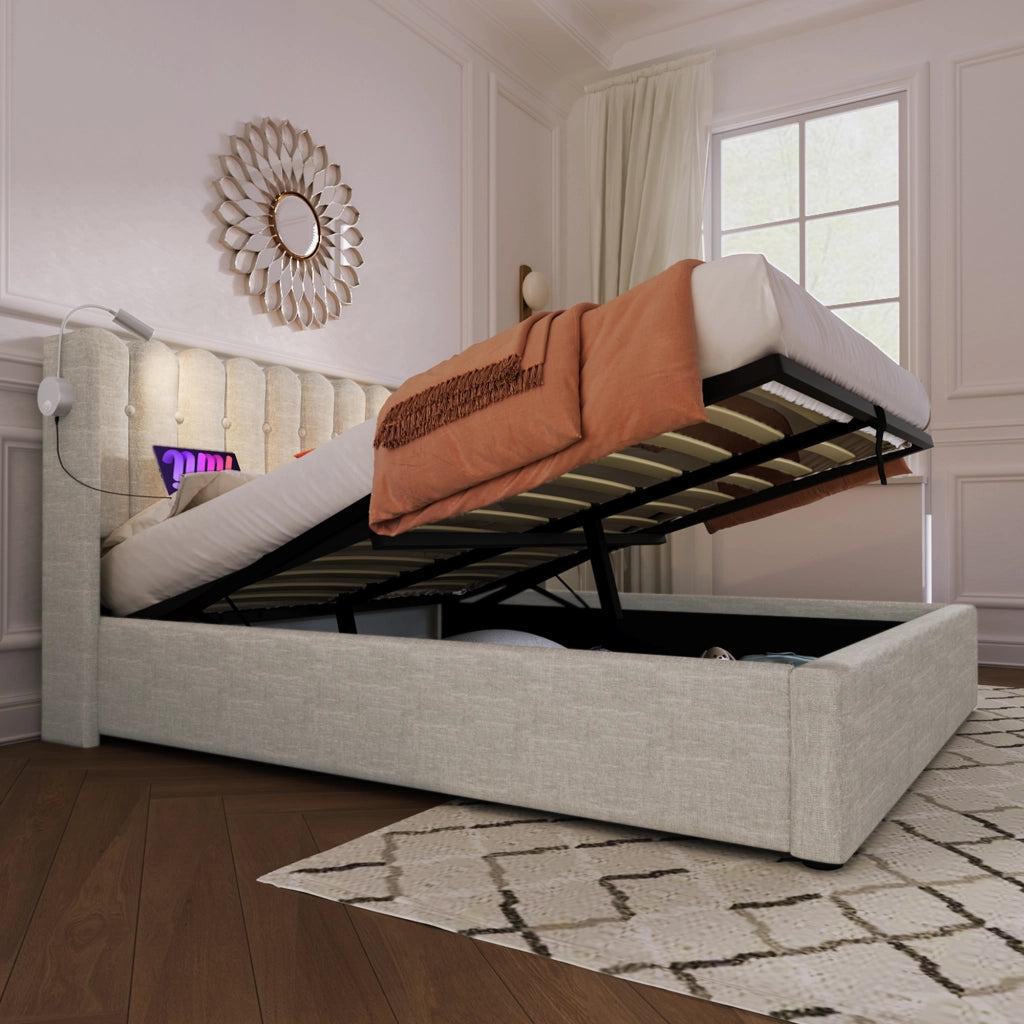 LETTO Contenitore 140x200 cm in lino naturale con luce lettura e USB