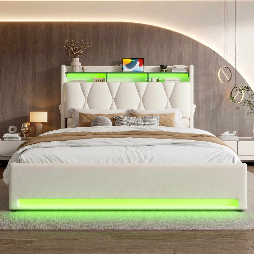 Letto matrimoniale 160x200 imbottito in velluto beige con testiera contenitore e luci LED