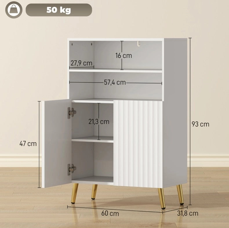 Mobile da bagno in MDF bianco con ante soft-close, ripiani aperti e gambe dorate