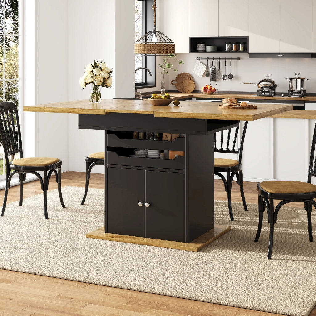 OKWISH Tavolo da Pranzo Allungabile con Vano Contenitore Integrato e Ripiani Estraibili, MDF, Nero, 110-140x80x76 cm