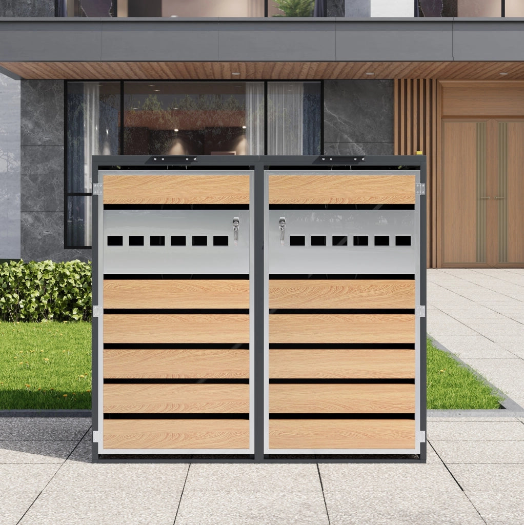 Contenitore per bidoni con coperchio a ribalta idraulico, struttura in acciaio zincato, porte chiudibili a chiave, design elegante con pannelli traforati orizzontalmente