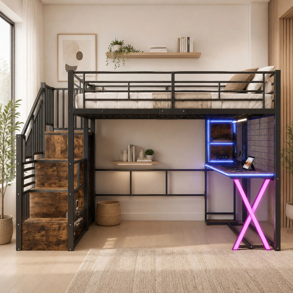 Letto a soppalco 140x200 cm con scrivania, armadio, scala contenitore e LED in metallo e MDF nero