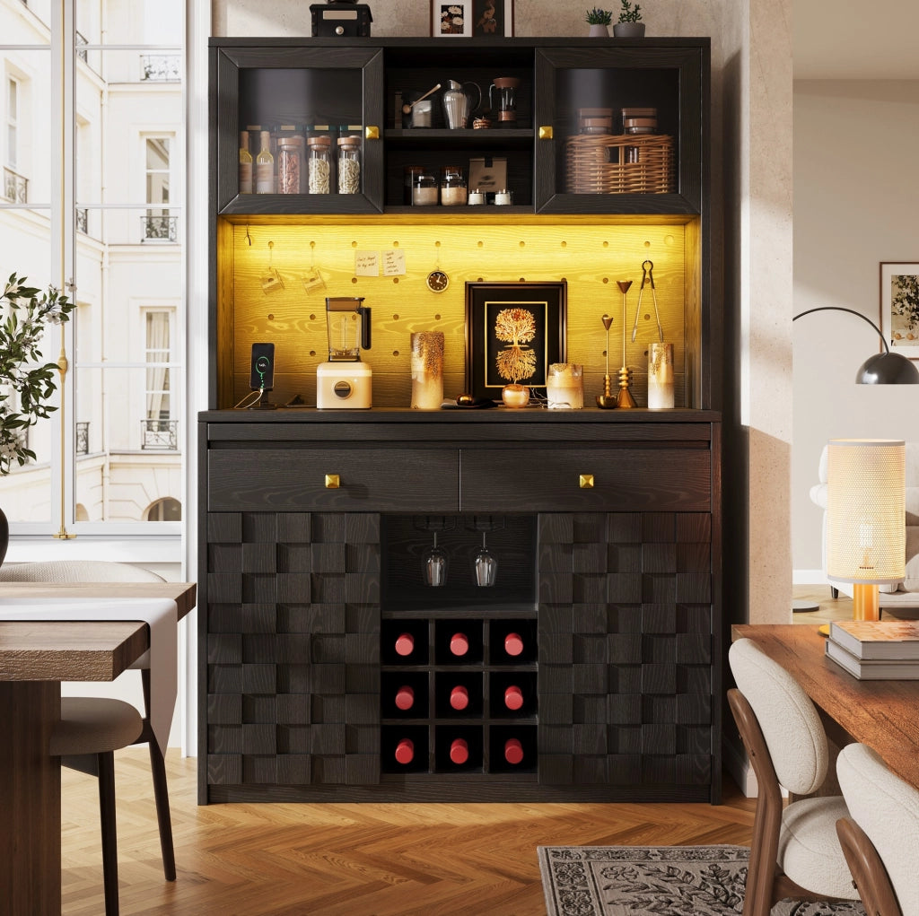 Hochschrank Küche mit Acrylfront, LED-Lichtband, USB-Ports, Weinflaschenhalter und verstellbaren Einlegeböden, 120x40x178 cm