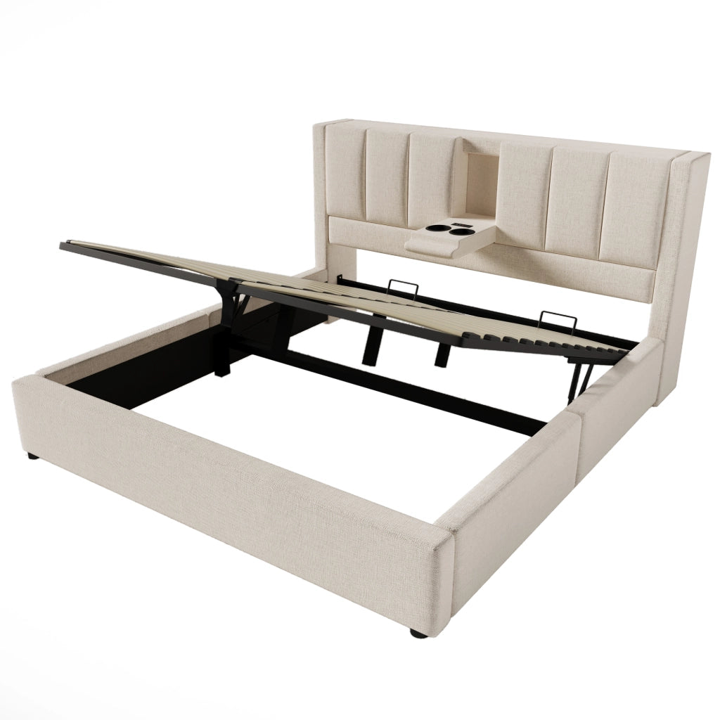Letto contenitore matrimoniale 180 × 200 cm con 2 portabicchieri; USB e Type-C; senza materasso; in lino beige