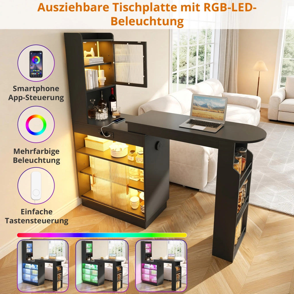 Tavolo alto allungabile con contenitori LED; prese; USB e USB-C in MDF nero 131–170 × 40 × 170 cm