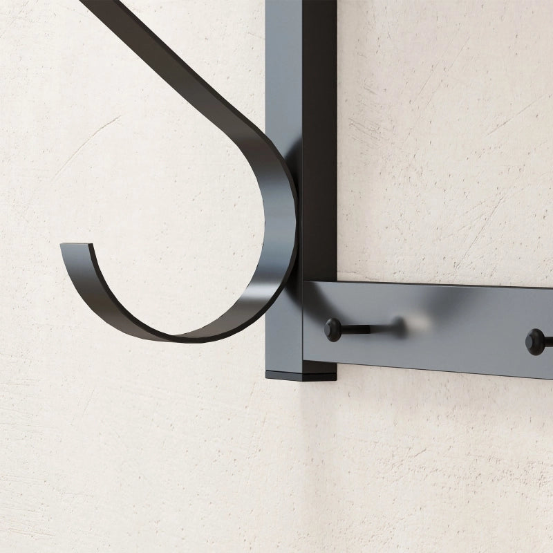Appendiabiti da parete con ripiano superiore cinque ganci e barra appendiabiti in legno grigio e metallo nero