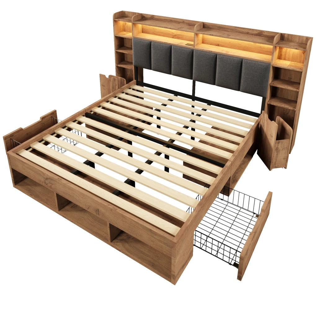 Letto matrimoniale 180x200 cm in rovere con testiera imbottita e illuminazione LED, comodini con porte USB e cassetti con ruote, rete a doghe in legno senza materasso