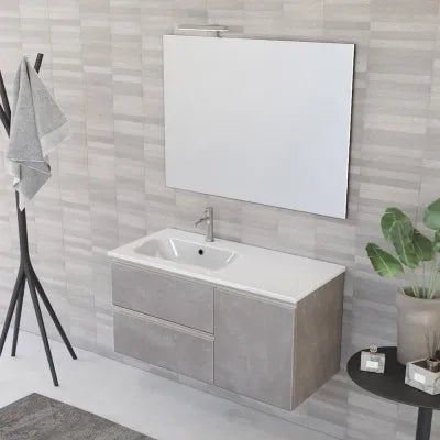 Mobile bagno sospeso 100 cm grigio cemento con cassetti e anta completo di lavabo a sinistra e specchio Master
