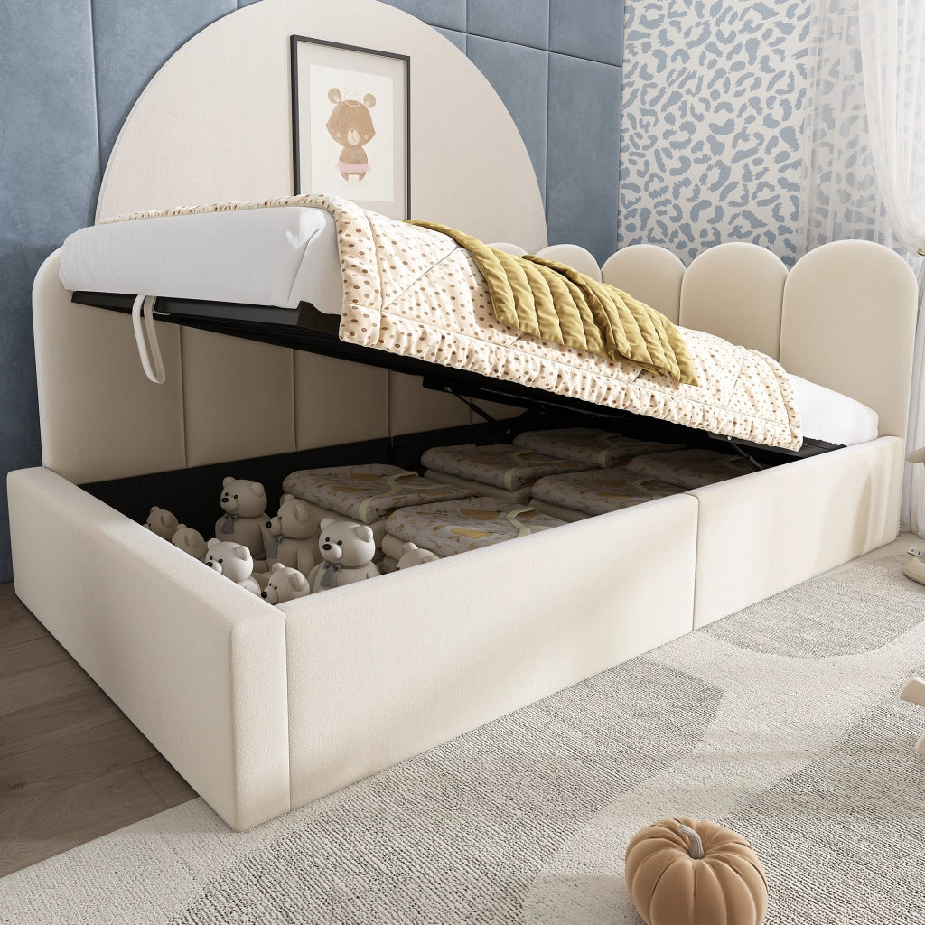 Letto per bambini 90x190 cm con vano contenitore idraulico; divano letto in velluto beige