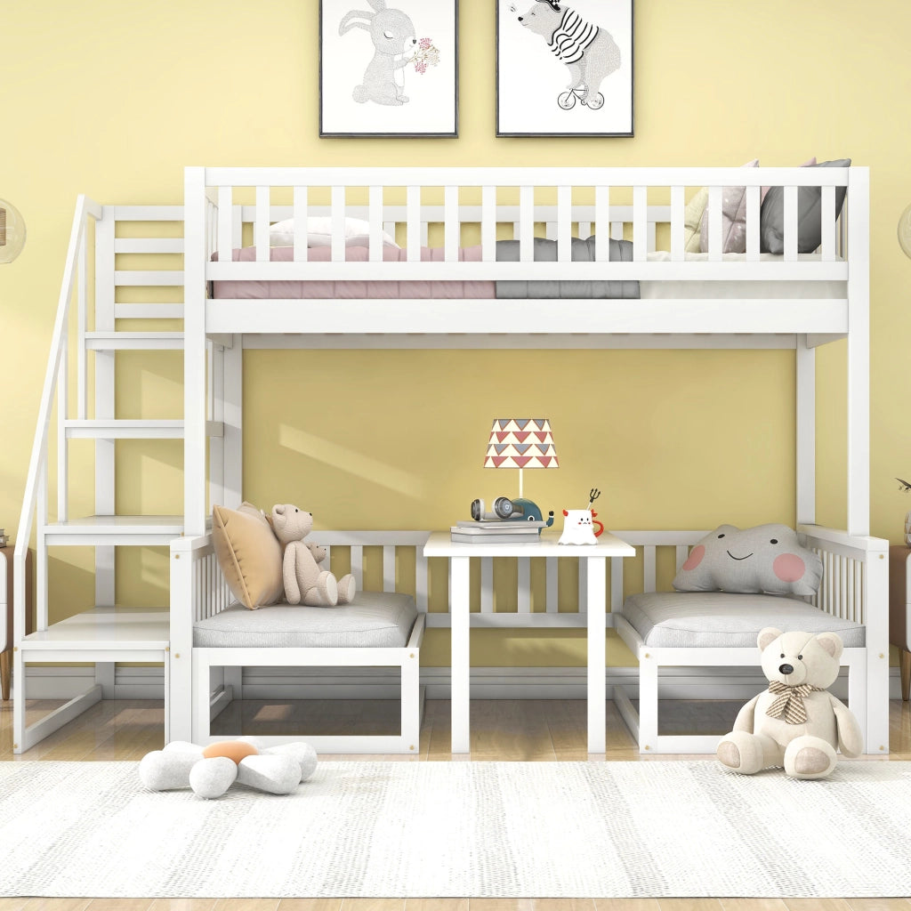 Letto a castello 90 × 200 cm e 120 × 200 cm, 3 posti con tavolo regolabile e divano, senza materasso, bianco