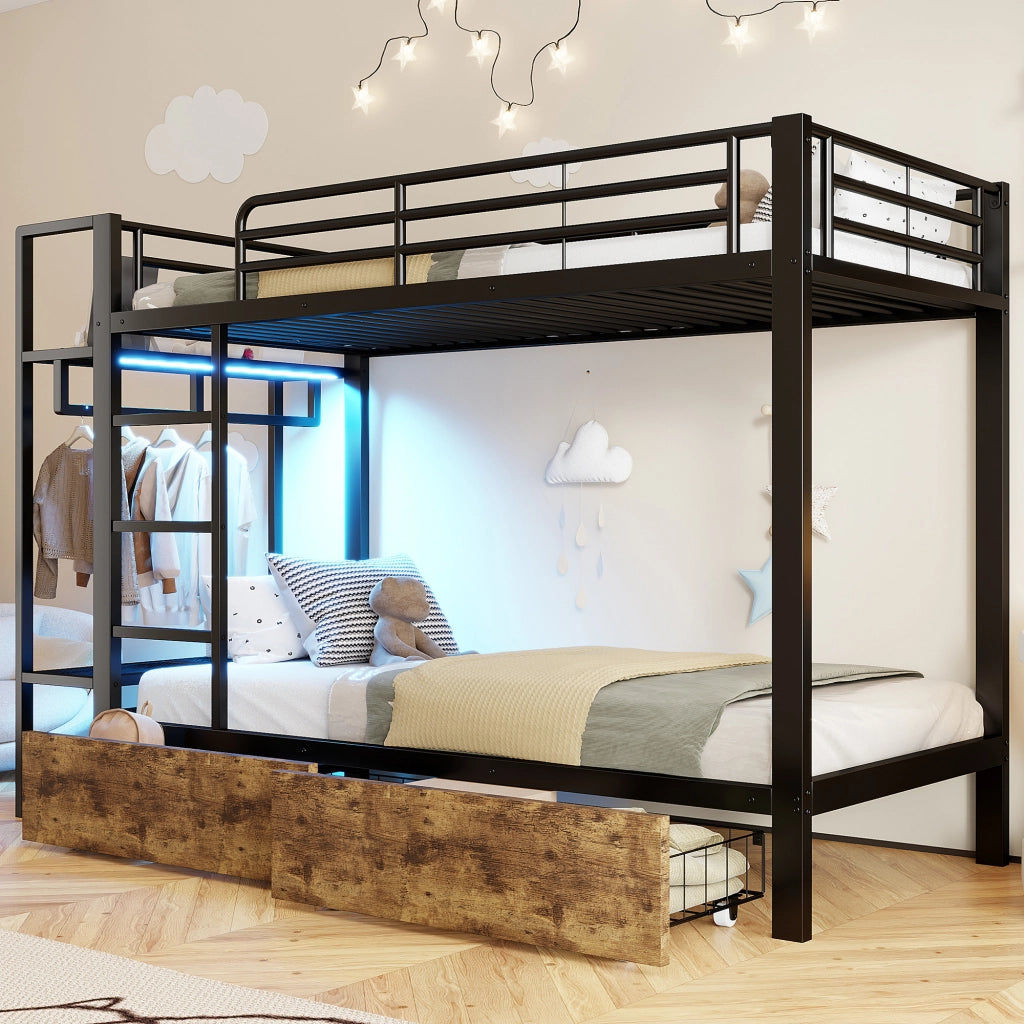 Letto a castello 90x200 cm in metallo e MDF nero con LED; cassetti e mensole